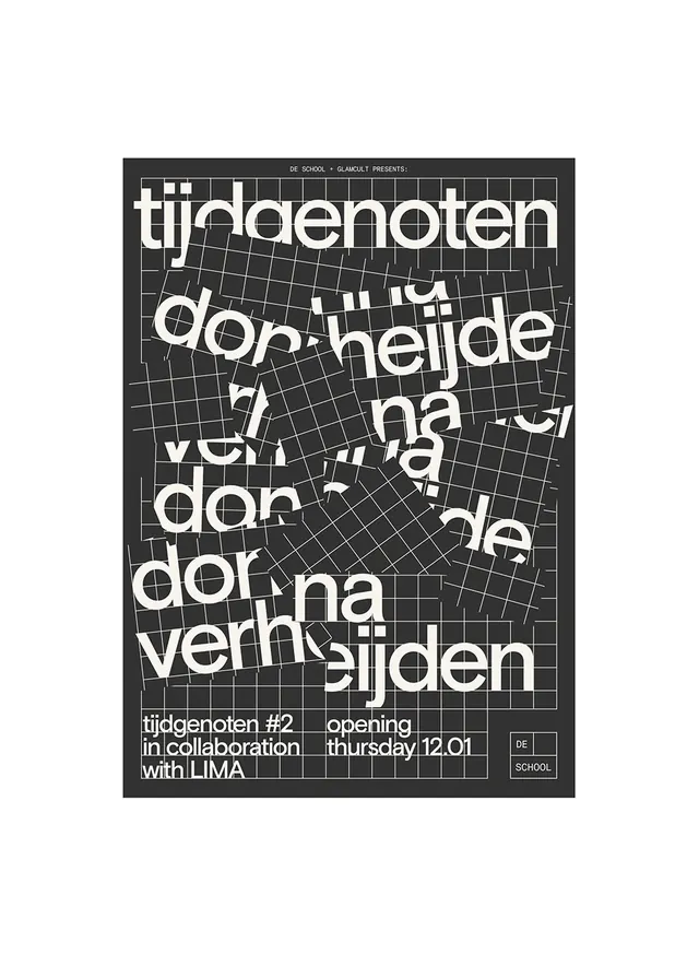 Experimental type poster with distorted grid, neo-brutalist, technical, dark