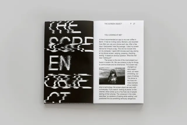 Editorial spread on screen culture and texting, editorial, technical, dark