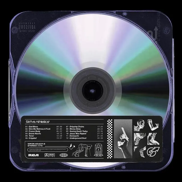 Strive Athletics album CD packaging, minimalist, technical, dark
