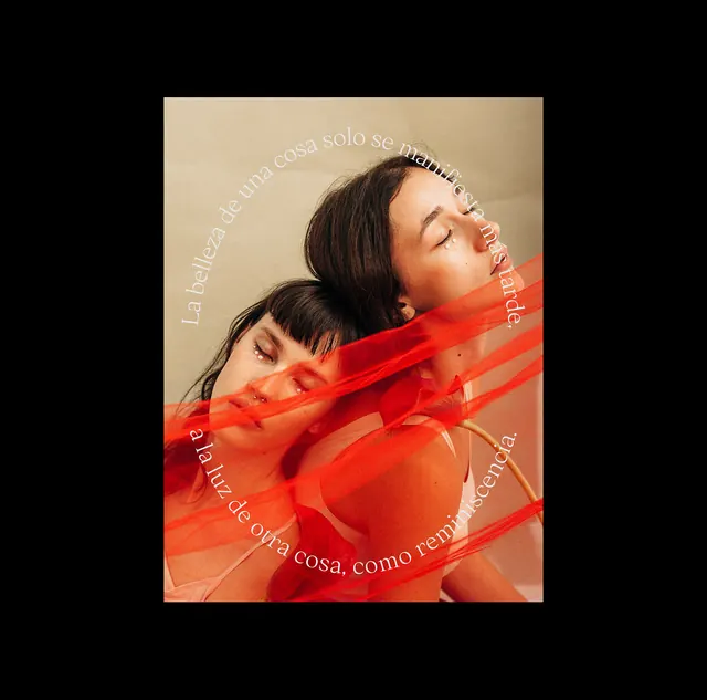 Perlas magazine cover with layered red translucent elements, editorial, photographic, warm