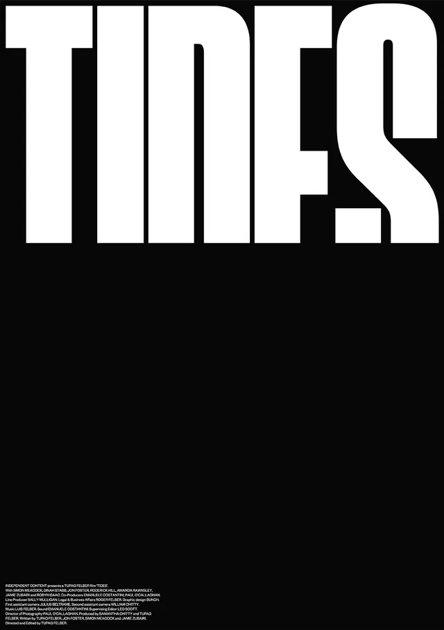 Bold white 'TIDES' typography poster, swiss, minimal, dark