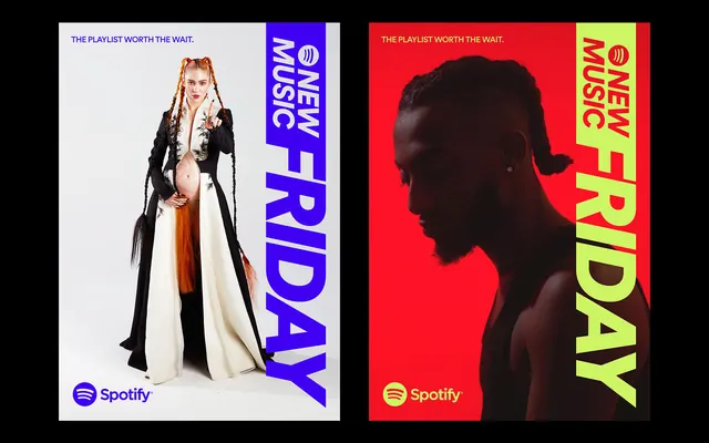 Spotify New Music Friday campaign posters, bold, gradient-heavy, vibrant