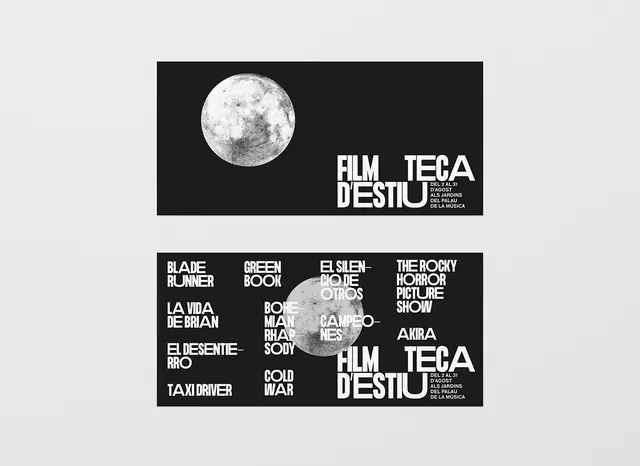 Filmoteca destiu poster and program layout, minimal, monochrome, dark