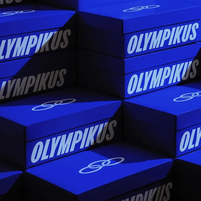 OLYMPIKUS blue shoebox stack, minimal, photographic, vibrant