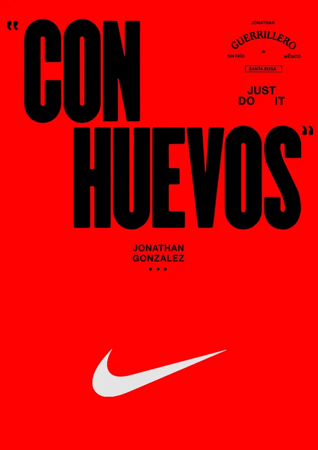 Nike Con Huevos red poster, maximalist, editorial, vibrant