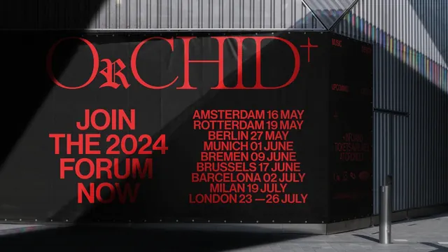 ORCHID+ red billboard wrap, editorial, maximalist, dark