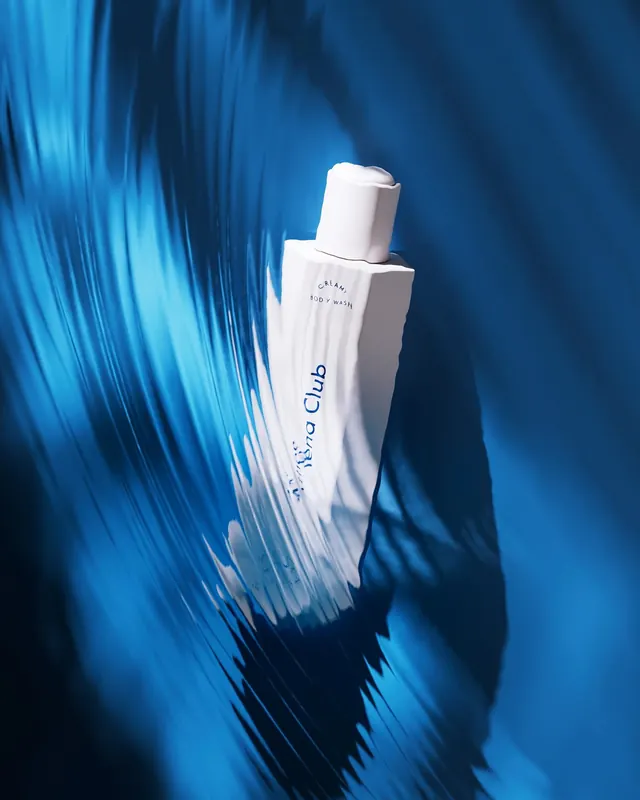 Aura Club body wash on blue water, minimal, 3d-render, vibrant