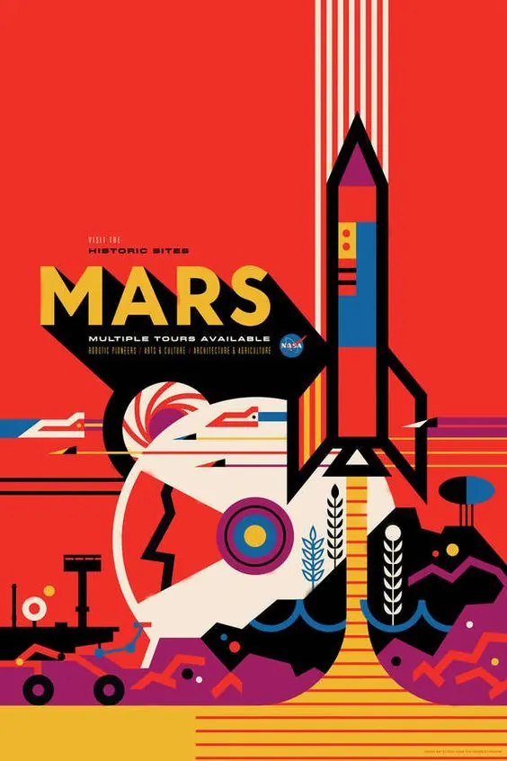 Retro Mars tourism poster, retro, flat, vibrant