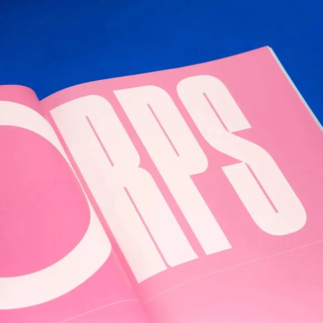 CORPS spread on pink and blue, editorial, maximalist, vibrant