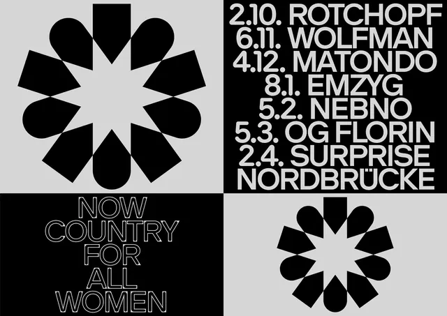 NCFAW grey-black event poster grid, swiss, neo-brutalist, monochrome