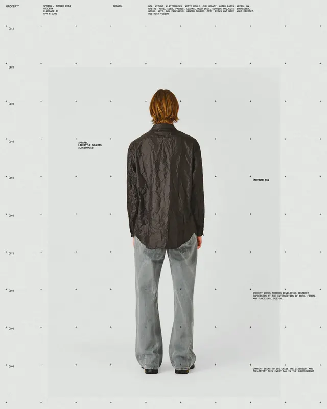 Grocery SS24 grid lookbook page, minimal, swiss, muted