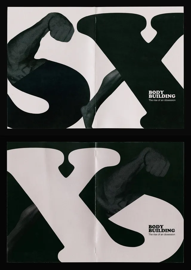Body Building SX editorial spread pair, editorial, brutalist, monochrome