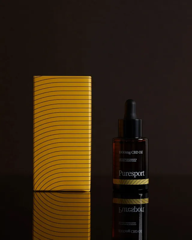 Puresport CBD oil packaging shot, minimal, luxury, dark