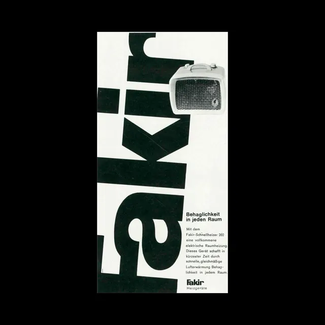 Fakir heater vintage print ad, swiss, minimal, monochrome