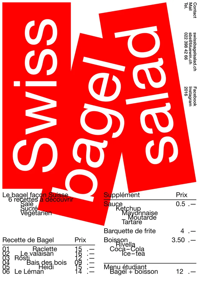 Swiss Bagel Salad menu poster, swiss, minimal, vibrant