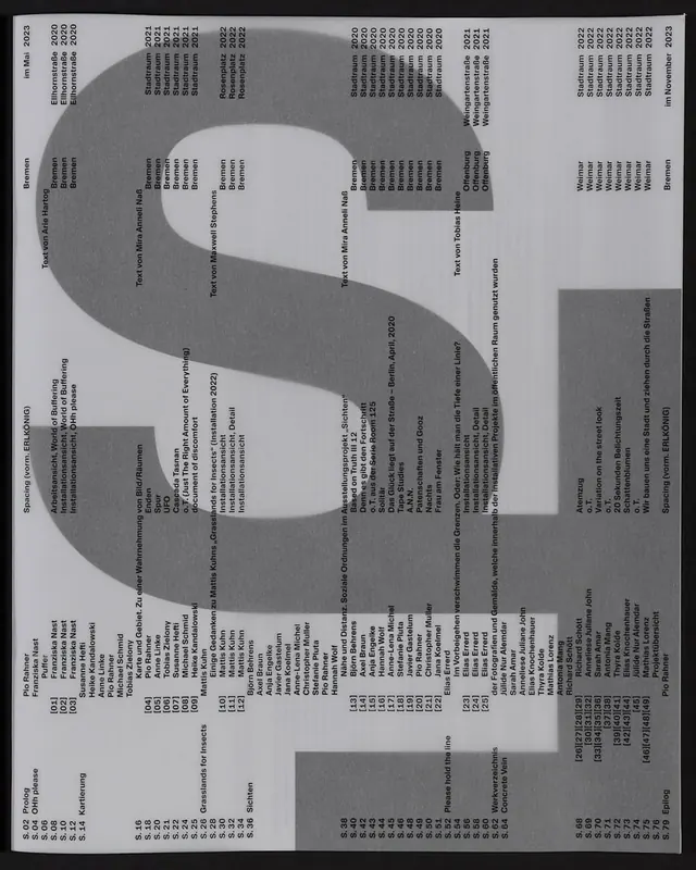 Exhibition index spread with giant numerals, editorial, swiss, monochrome