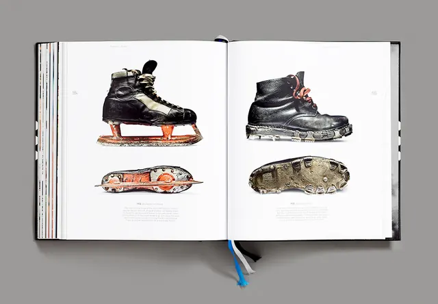 Historical skiing and ice gear specimens spread, editorial, technical, neutral