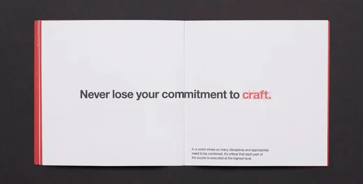 RGA brand campaign—two-page spread on craft and commitment, minimal, editorial, light