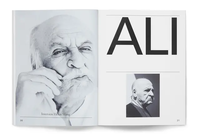 Magazine spread: interview layout with portrait and typography, editorial, minimal, monochrome