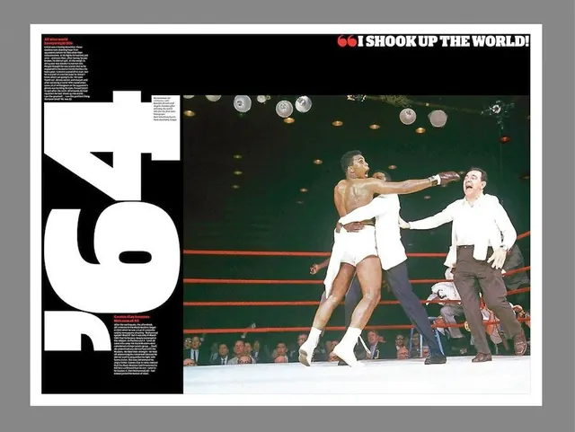 Magazine spread celebrating sports culture with bold typography, editorial, bold, high-contrast