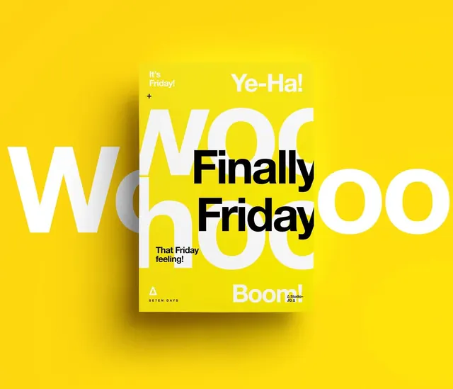 Whoop Whoo" yellow Friday poster, playful, gradient-heavy, vibrant