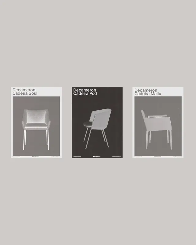 Three product poster cards for Decameron furniture, graphic, editorial, light