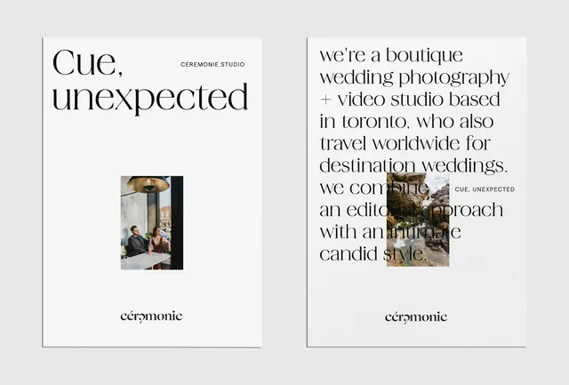 Céremonie studio wedding photography portfolio spread, minimal, editorial, light