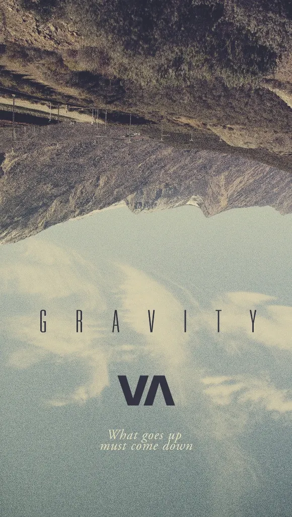 Gravity movie poster with mountain and sky composite, photographic, editorial, warm