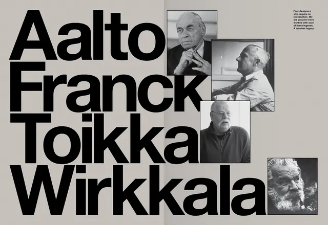Aalto Franck Toikka Wirkkala" designer tribute layout, editorial, corporate-clean, light