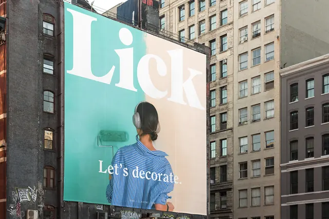 Lick Home" urban billboard campaign, corporate-clean, minimal, light