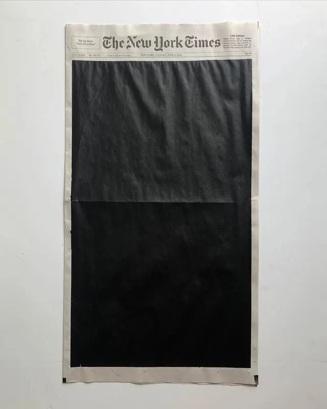 New York Times front page with bold editorial imagery, editorial, minimal, monochrome