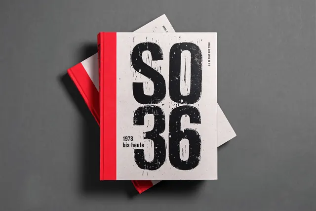 SO36 anniversary book cover with distressed typography, minimal, editorial, monochrome