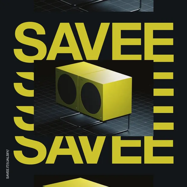 Bold yellow SAVEE typographic poster with speaker, minimal, editorial, dark