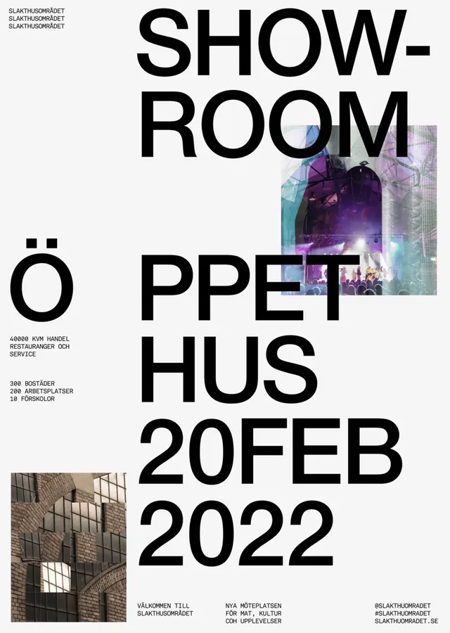 Clean event poster for Öppet Hus showroom, minimal, swiss, light