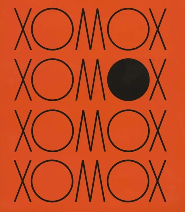 Repetitive XOMOX pattern on orange, minimal, geometric, vibrant