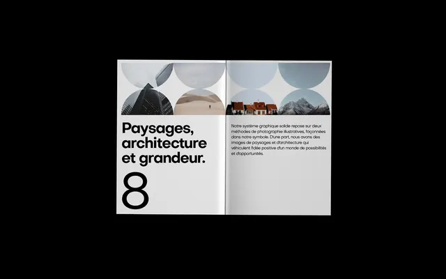 Brand identity book spread with circular photo collages and oversized typography, minimal, swiss, light