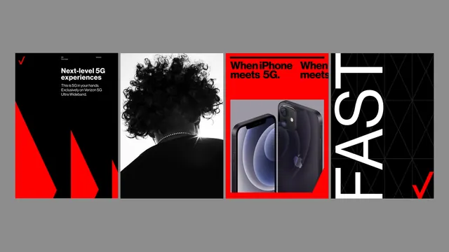 Verizon 5G campaign ad collage, corporate-clean, bold, dark