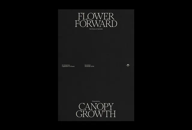 Flower Forward event poster, minimal, editorial, dark