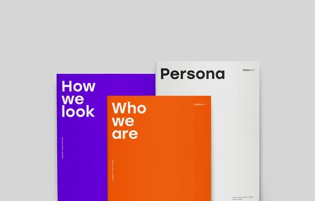 Overlapping posters with bold typography for Badoo Persona, minimal, swiss, vibrant