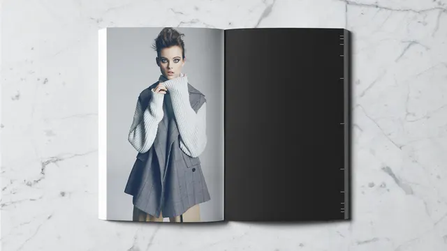 Fashion editorial magazine spread with portrait and black page, minimal, editorial, light