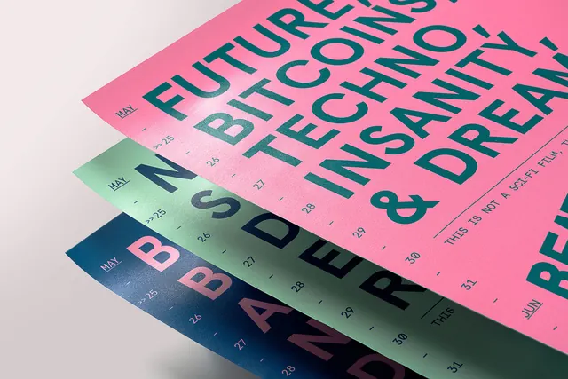 Beat Film Festival colorful poster stack, editorial, bold, vibrant