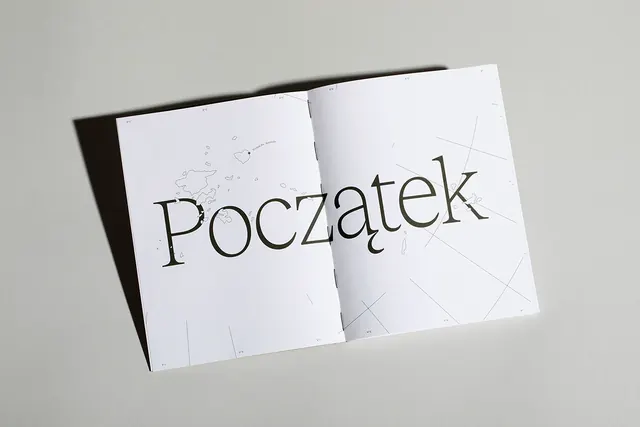 Poczatek book typography spread, minimal, editorial, light