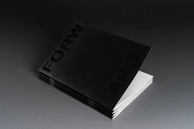 Forward Notebooks book cover design, minimal, swiss, dark