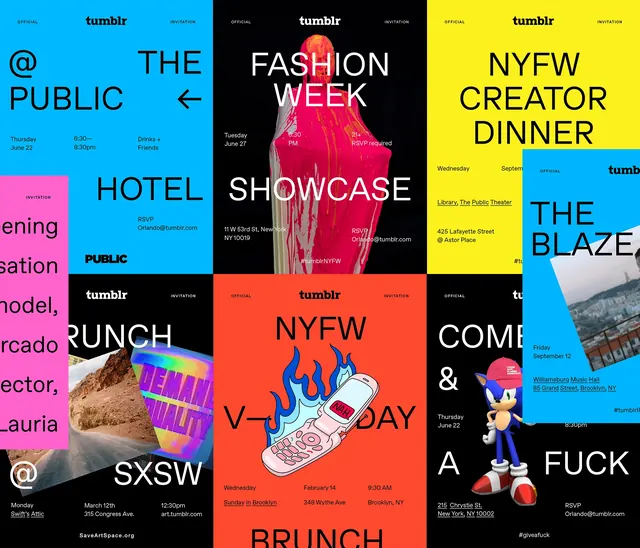 Colorful event poster grid with Tumblr promotions, editorial, playful, vibrant