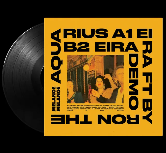 Bold yellow vinyl record album cover with rotated typography, bold, editorial, dark