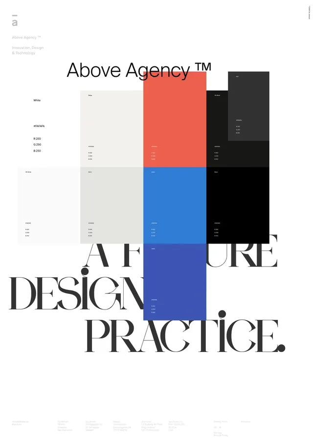 Above Agency design practice poster with color-blocking, swiss, editorial, light