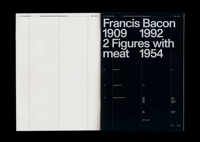 Francis Bacon exhibition book spread with grid table, editorial, swiss, dark