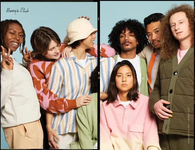 Benny's Club lookbook diptych with colorful layering, photographic, editorial, vibrant