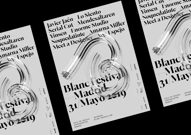 Blanc Festival poster design with flowing ribbon motif, minimal, editorial, monochrome