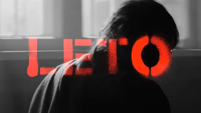 LETO film campaign typography with portrait, dark-mode, bold, dark